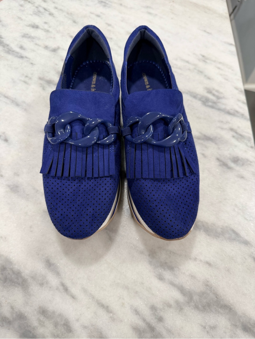 crown & ivy Royal Blue Fringe Slip-On Loafers with Chain Accent